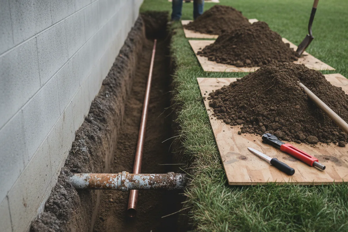 Excavated water line trench during Water Heater Repair in Pequea